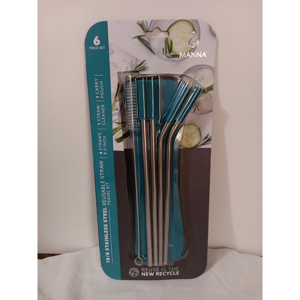 Stainless Steel Reusable Drinking Straws‎ 6 Piece Set Brush Carry Case Blue Gift